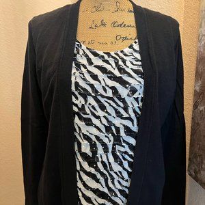 Elementz Black Sweater Attached To Front Black & White Ruffle Blouse